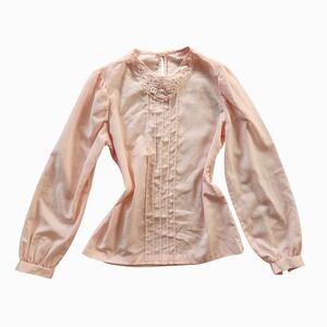 Vintage 1970s English Tea Peach Pink Embroidered Victorian Style Blouse S